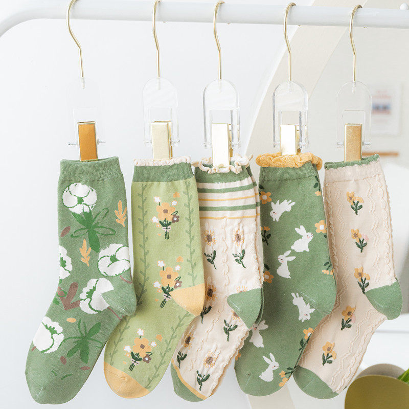 全店满15包邮袜子女中筒袜个性ins潮春秋宽松袜口绿色系花朵女袜,女士内衣/男士内衣/家居服,中筒袜,淘宝优惠券,粉丝福利购,淘宝优惠卷