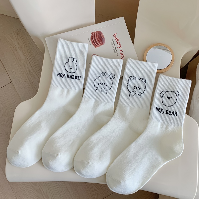 外穿女士全棉卡通刺绣中筒袜