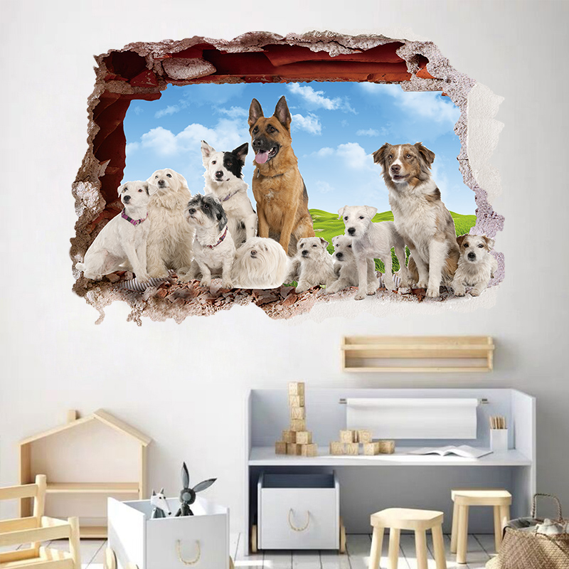 3D立体效果破墙狗狗猫咪平面贴画儿童房幼儿园装饰卡通动物墙贴纸图片