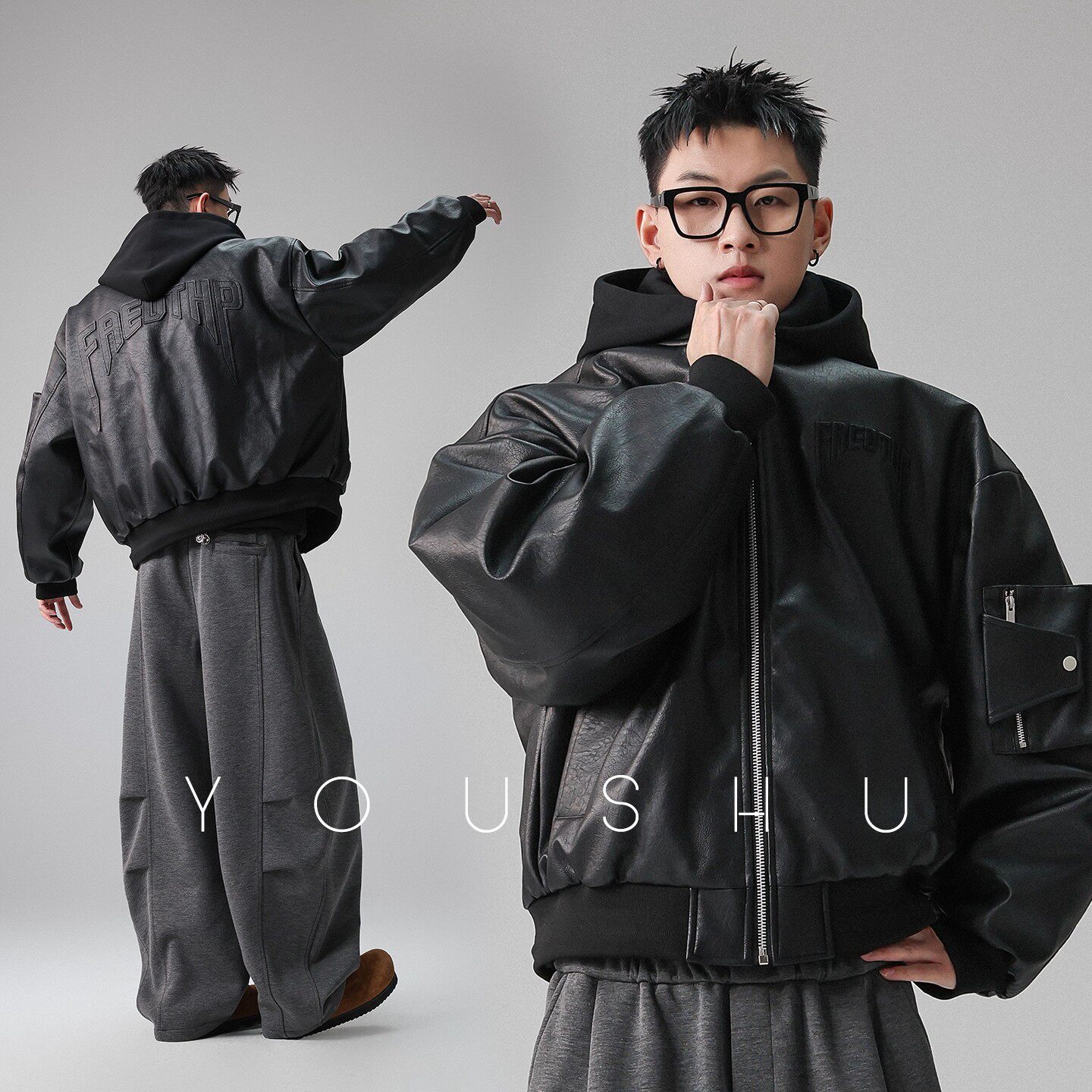 可拆卸连帽飞行员男冬季设计感PU皮衣羽绒服痞帅棒球服羽绒外套潮