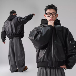 可拆卸连帽飞行员男冬季设计感PU皮衣羽绒服痞帅棒球服羽绒外套潮