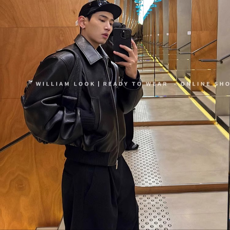 定制下摆【国王大道】及简内里红色洗水皮简约廓形皮衣夹克外套