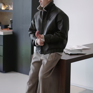 白鸭绒羽绒服皮衣男冬季 潮流百搭休闲高级感毛领羽绒夹克外套 韩版