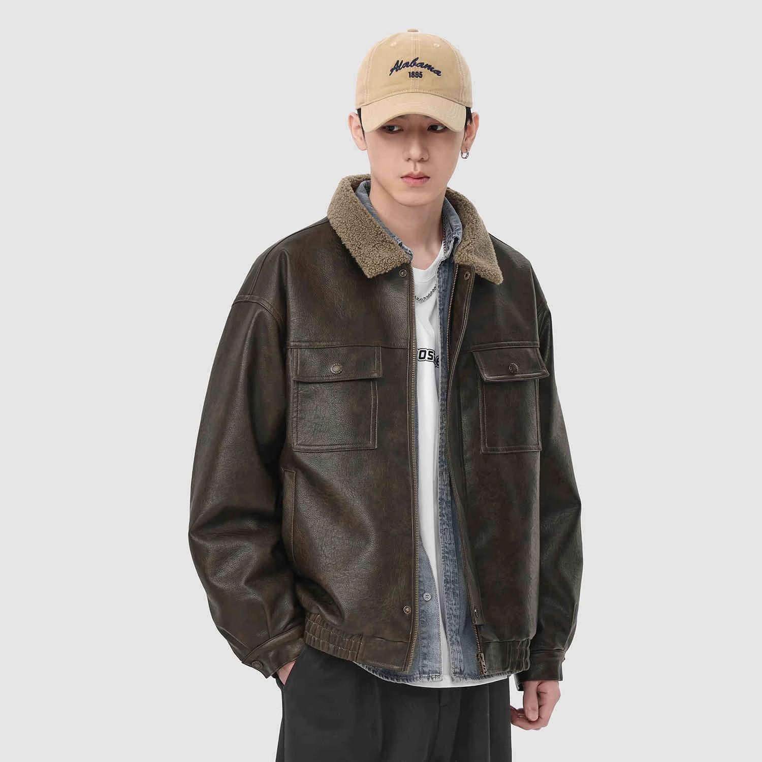 25美式复古棉服重磅皮夹克冬季保暖美拉德加厚羊羔毛棉服外套男潮