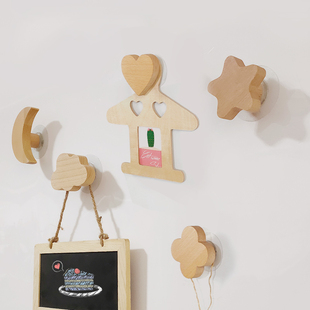 免打孔超值星星月亮衣挂挂钩衣钩墙挂实木粘钩儿童房玩具北欧微瑕