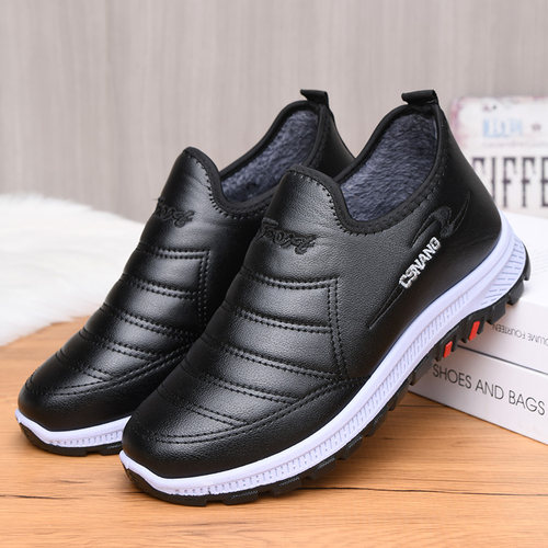 冬季老北京棉鞋男加绒保暖爸爸鞋皮面防寒父亲棉靴加厚防滑二棉鞋