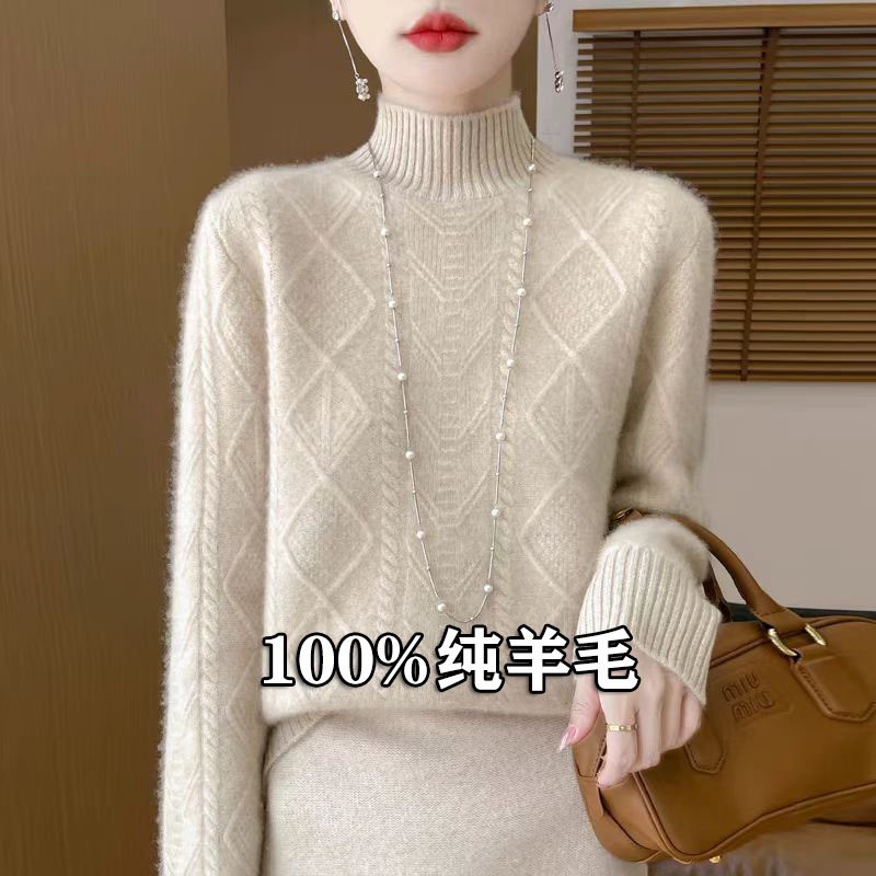 秋冬新款100羊毛衫女半高领菱形针织上衣加厚扭花插肩毛衣打底衫