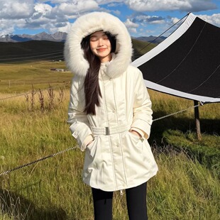 LOUISAS防风保暖外套中长款收腰显瘦90白鸭绒连帽大毛领羽绒服女1