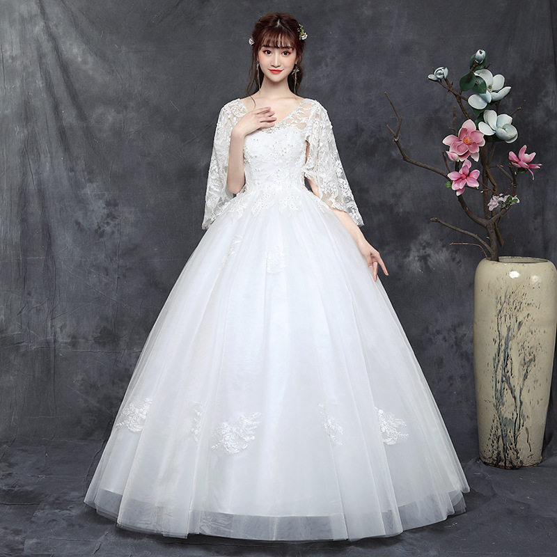 春夏大码女婚纱礼服胖m显瘦新娘敬酒一字肩齐地连衣裙