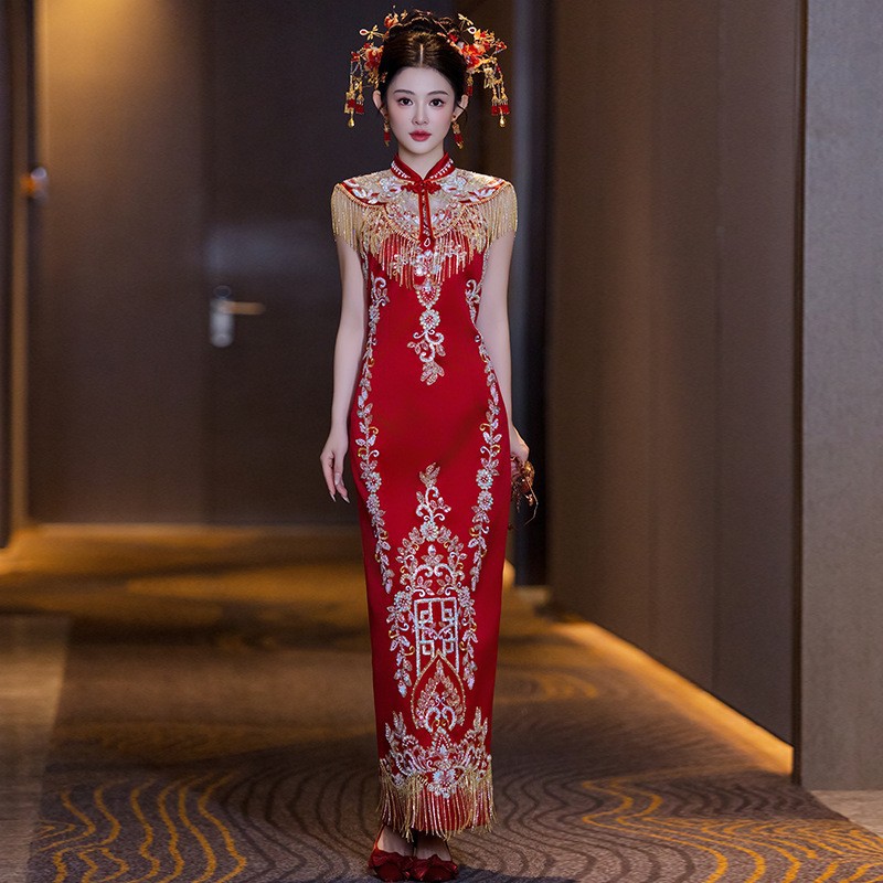 复古夏季无袖新娘敬酒礼服中式结婚显瘦连衣裙女透视露背性感