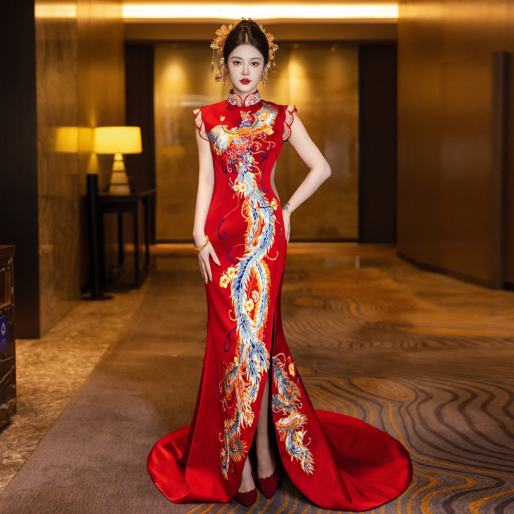 复古秀禾新中式结婚婚国风敬酒礼服出嫁修身显瘦旗袍连衣裙女无袖