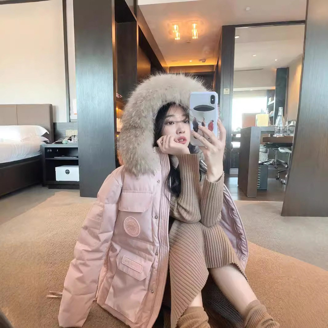 秋冬季新品连帽大毛领工装派克白鸭羽绒服女中长款宽松保暖外套