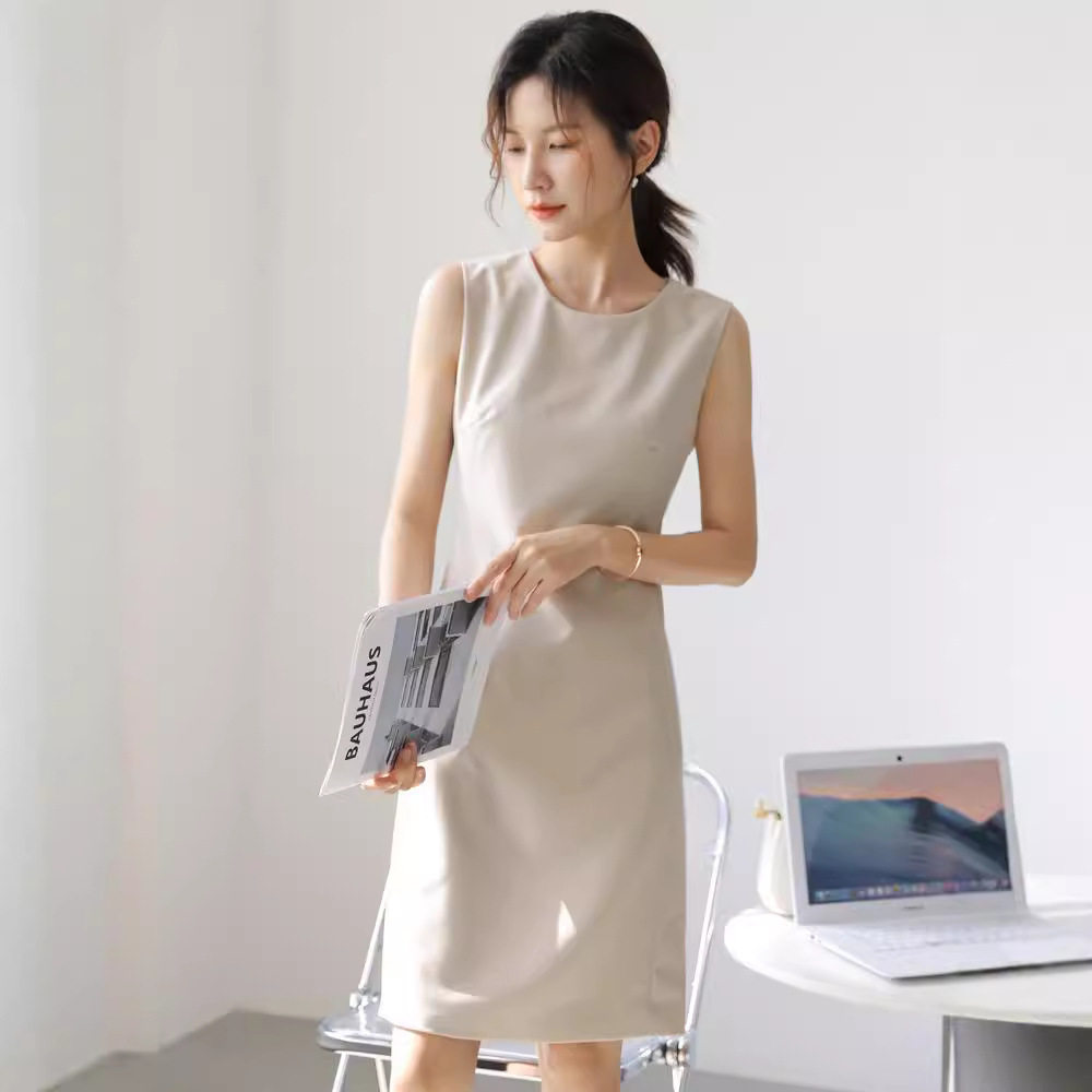 时尚春夏秋季修身显瘦OL职业装打底中长款茶歇无袖连衣裙女小个子
