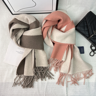高档WOOL100%纯羊毛围巾女冬季百搭拼色保暖披肩两用长款羊绒围脖