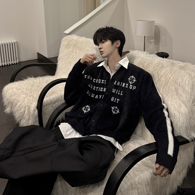 Desaturate 马海毛宽松慵懒开衫毛衣撞色毛茸茸针织衫上衣