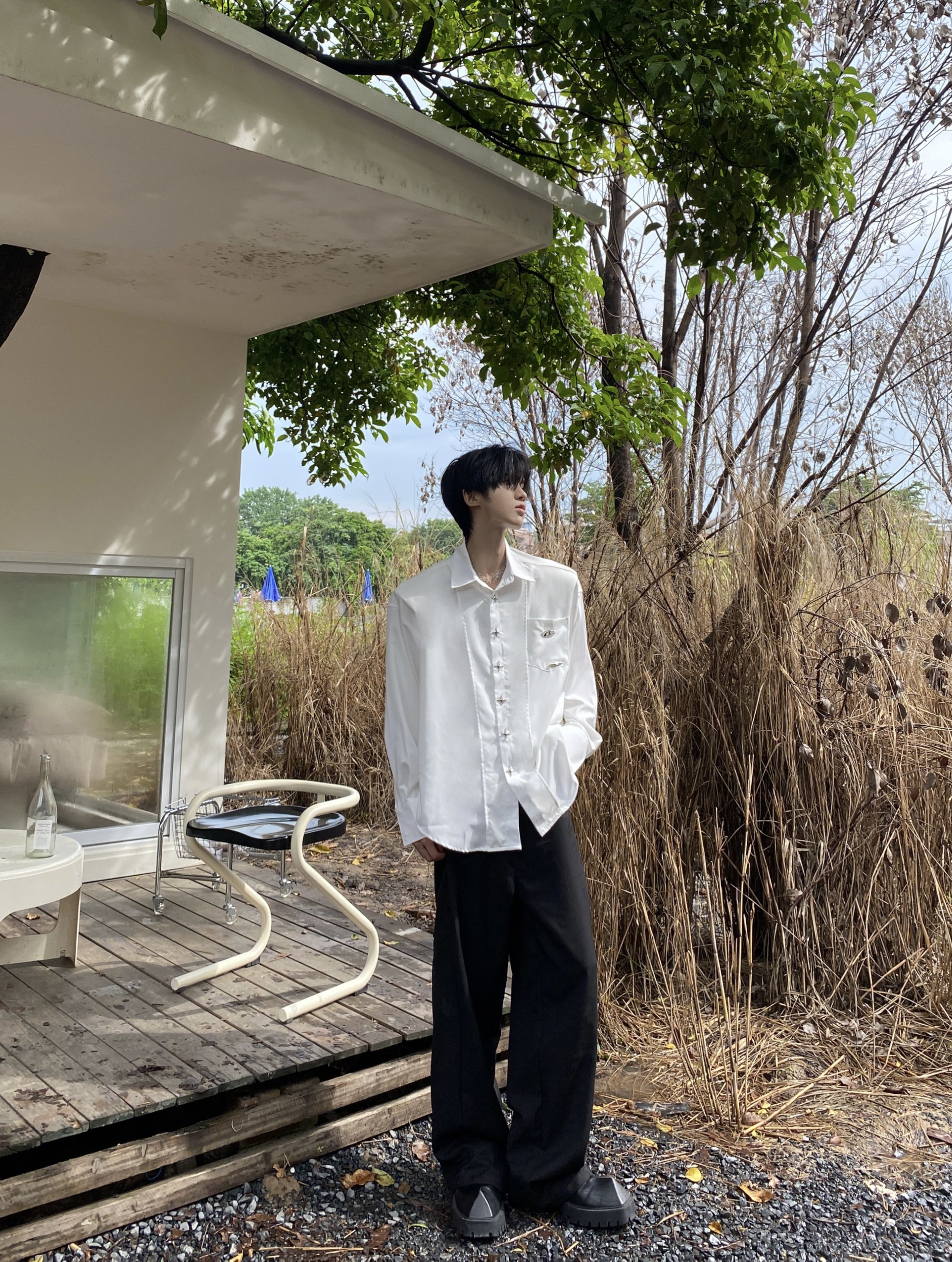 Desaturate原创小众金属设计感垫肩衬衫男宽松秋季简约高级翻领长