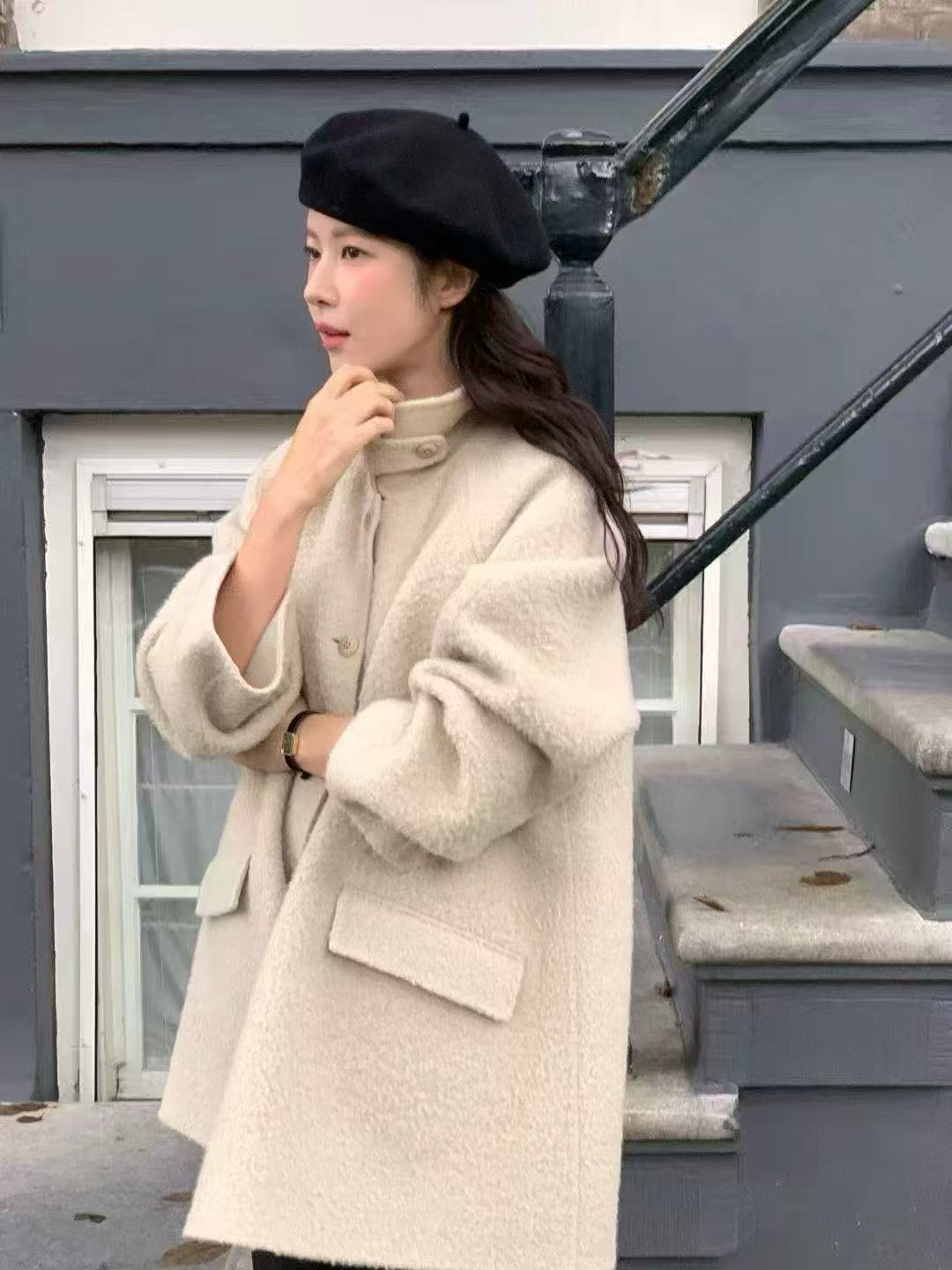 韩国东大门2025冬季新款百搭宽松休闲立领长袖羊绒羊毛大衣女外套