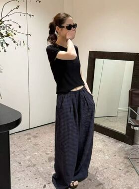 2026春款新品韩系简约百搭显瘦高腰格子休闲裤