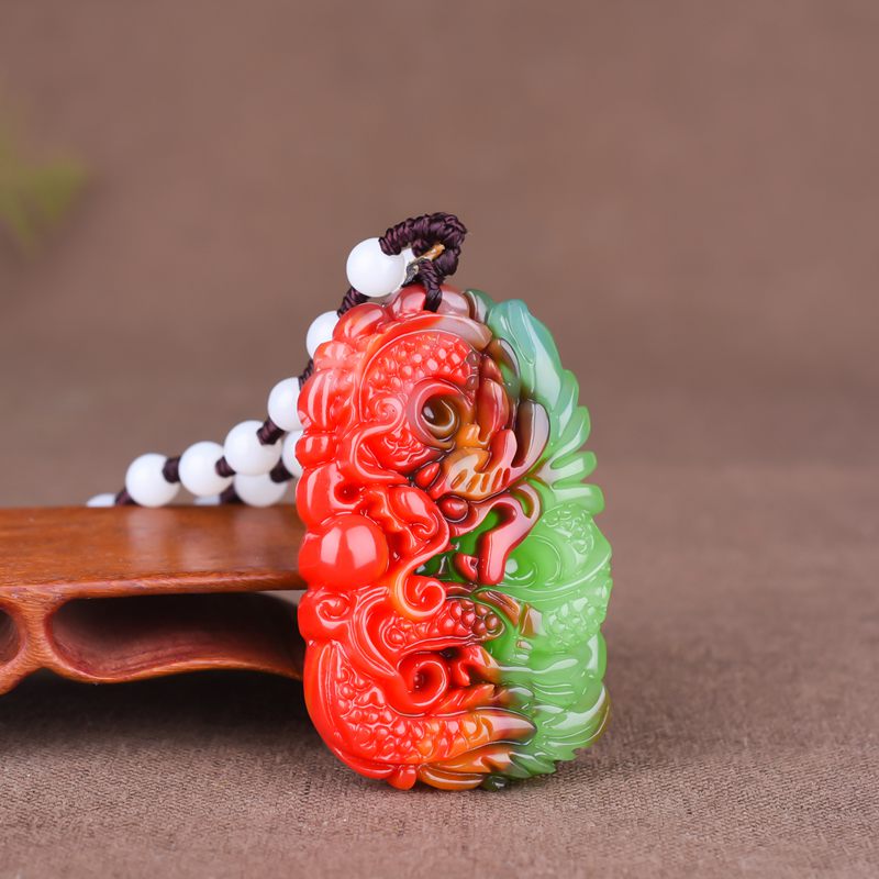 新疆和田玉鸡血玉彩玉生肖龙平安牌挂件金丝玉龙吊坠男女款玉项链