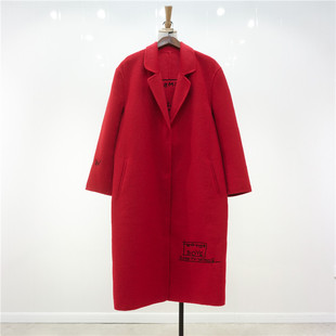 原！ 手工缝制刺绣双面呢大衣 及膝中长款绣花女羊毛呢子外套