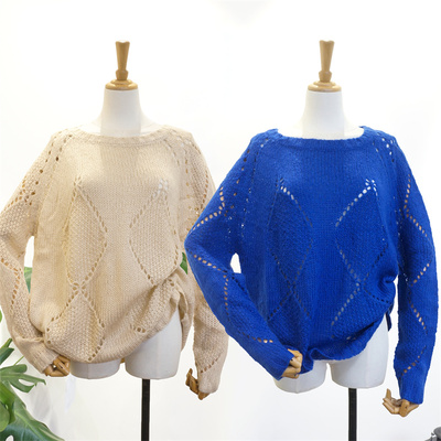 出口欧美单 慵懒风宽松棒针麻花毛衣 外M套头针织衫女上衣 两色入