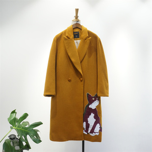 国内单 刺绣丝绒小猫毛绣花毛呢外套 含58.8羊毛中长款呢子大衣
