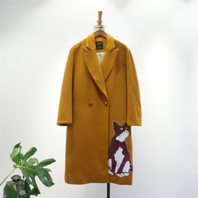 国内单 刺绣丝绒小猫毛绣花毛呢外套 含58.8羊毛中长款呢子大衣