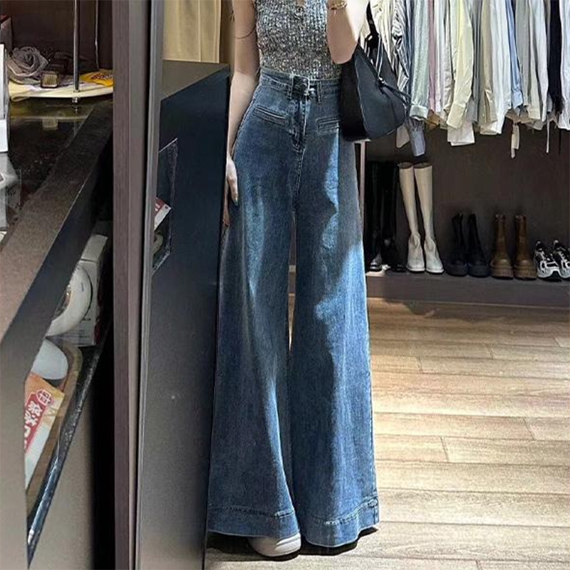 超阔腿裤大喇叭牛仔裤女小个子港味复古弹力宽松显瘦直筒拖地裤潮