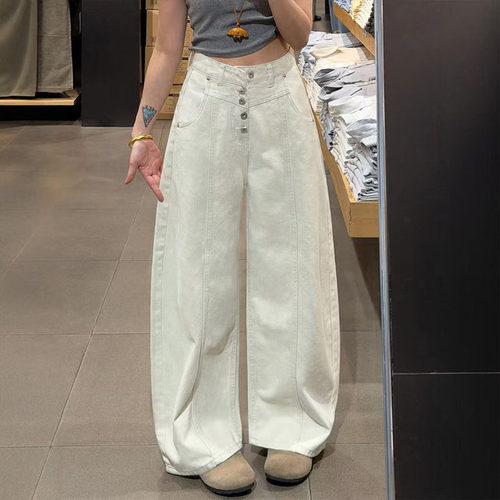 灰白色单排扣弯刀阔腿牛仔裤女