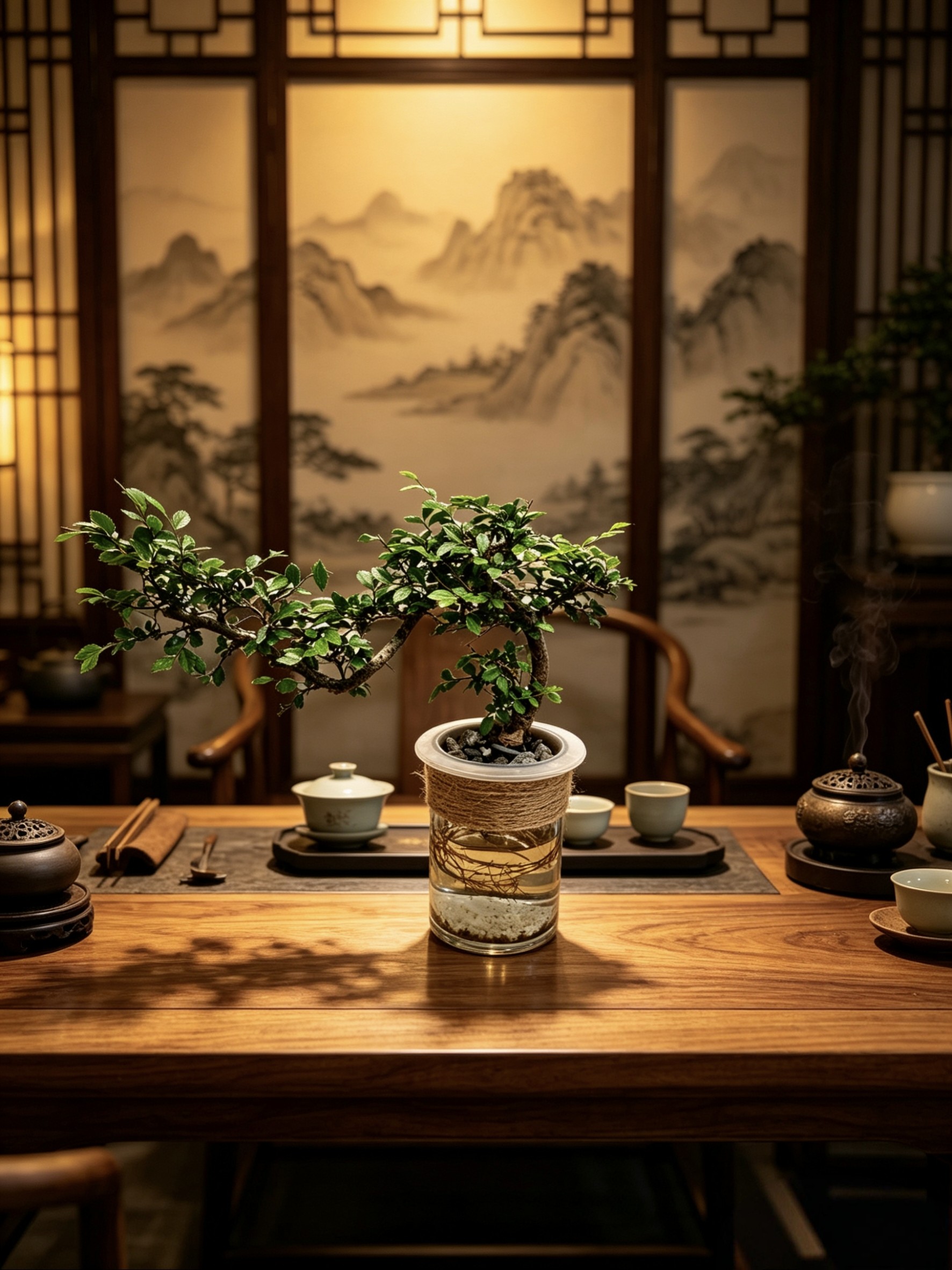 鱼缸水培榆树悬崖盆景桌面老桩水培绿植茶台水培造型盆景室内树桩