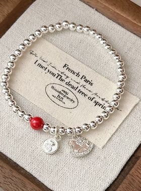 新年开运福气元宝小马本命年银珠手串朱砂喜庆红色纯银手链弹力绳