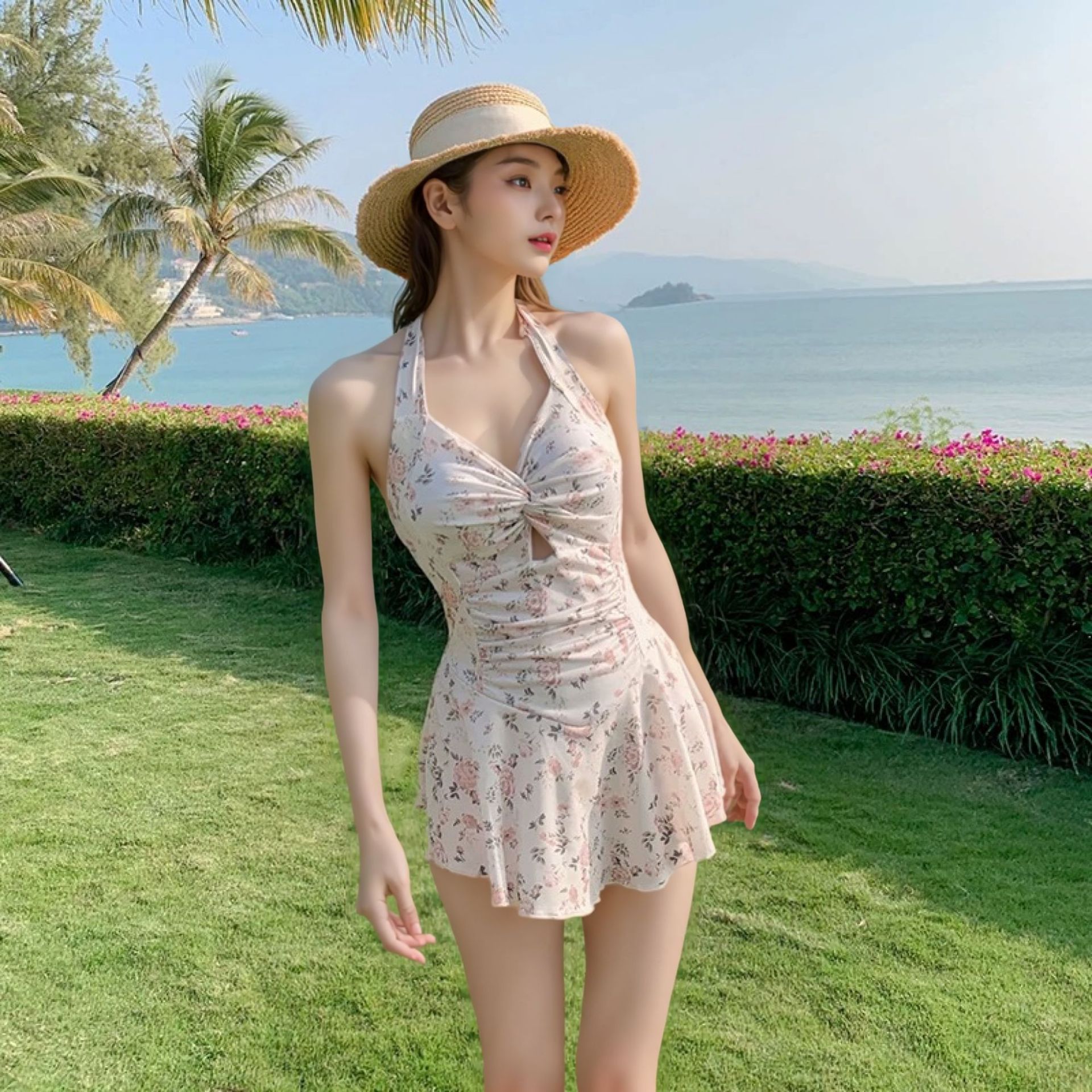 2025新款纯欲泳衣女ins高级感自带胸垫连体海边度假性感小胸泳衣