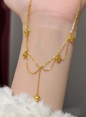 新款越南沙金双层爱心项链女小众轻奢感流苏套链子气质百搭首饰品