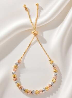 跨境古法沙金西瓜珠拉绳手链可调节镀金圆珠链气质百搭转运珠手串