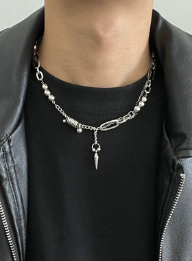 潮酷钛钢钢珠铆钉拼接项链男小众设计嘻哈冷淡风锁骨链毛衣链配饰
