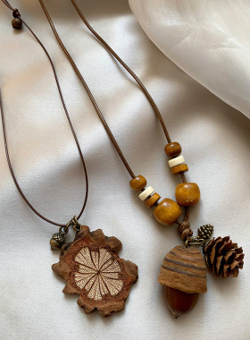 复古森系木质橡果吊坠项链女新中式禅意民族风小众设计感编织项饰