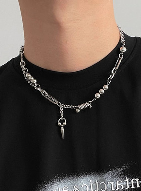 通体钛钢不掉色铆钉拼接项链男款嘻哈风锁骨链女小众设计感毛衣链