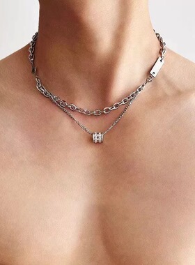 新款双层叠戴镶钻转运珠钛钢项链男嘻哈潮酷高级感锁骨链百搭配饰