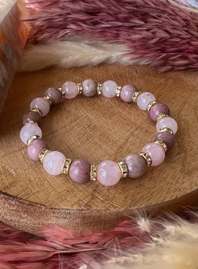 亚马逊爆款手链天然粉水晶天然红木纹手链女士粉色小清新手链串珠