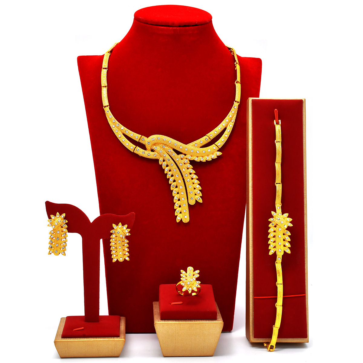 迪拜黄金新娘结婚纱摄影项链手链耳环戒指四件套装印度女式首饰品