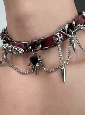 chocker缠绕铆钉金属皮革项圈克罗朋克爱心少女y2k亚文化小众项链