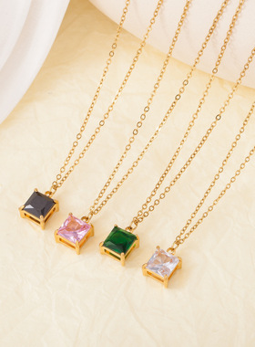 跨境欧美彩色锆石气质锁骨链子几何方形小众感不锈钢项链配饰品女