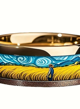 不锈钢艺术戒指｜把麦田星空戴在指尖 玫瑰金梵高麦田小人