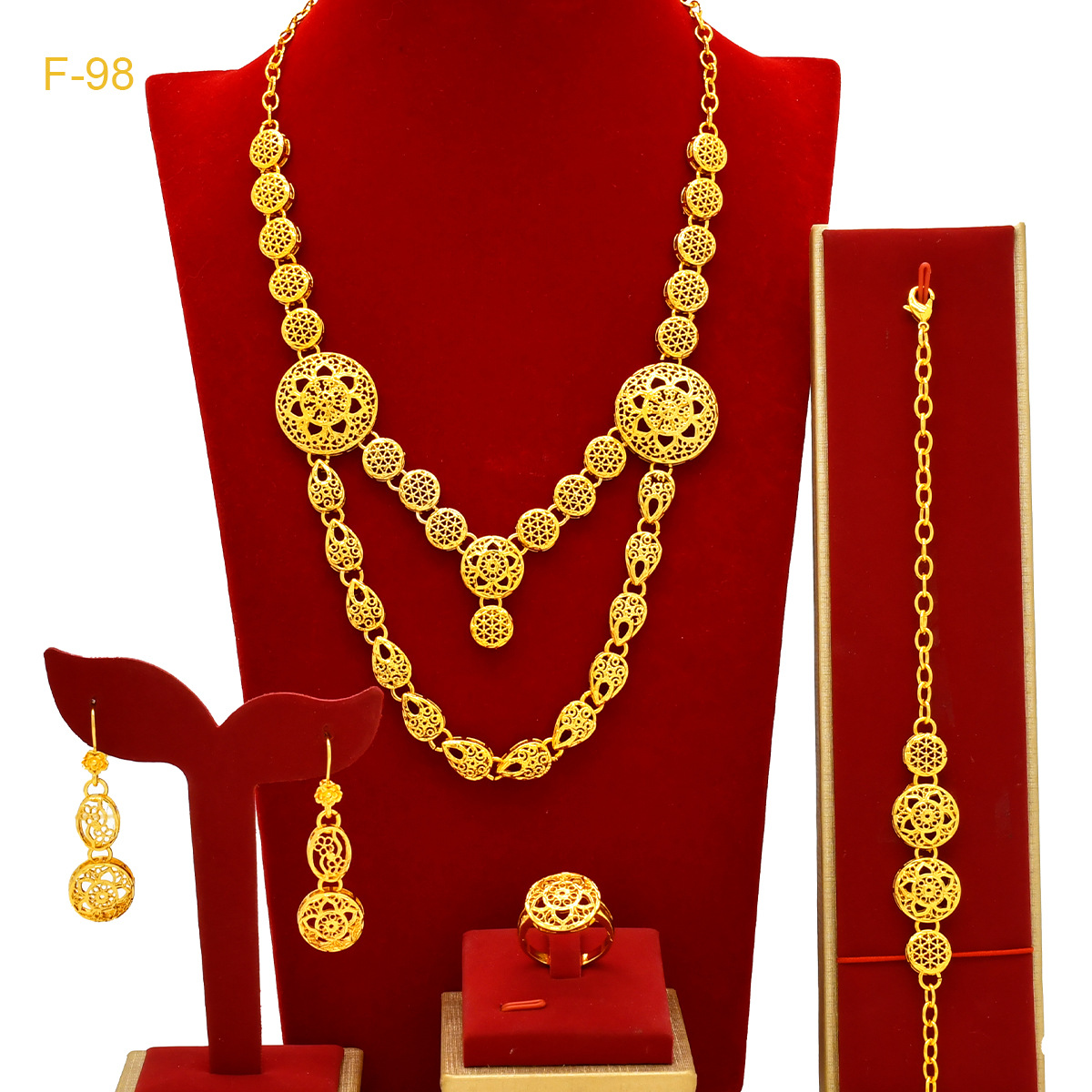 非洲女士饰品四件套迪拜新娘24k镀金项链手链耳环戒指首饰套装