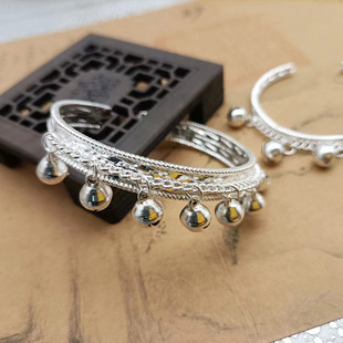 少数民族风苗族侗族成人挂八铃儿童挂五铃手工舞台小铃铛镀银手镯