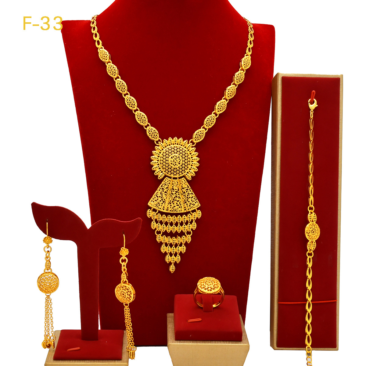 阿拉伯仿铜首饰四件套新娘结婚宴会项链手链耳环戒指jewelry set