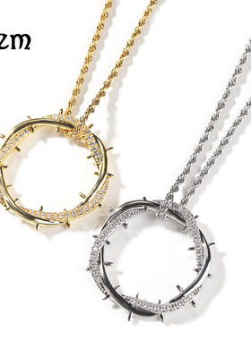 欧美复古荆棘皇冠吊坠项链男士潮小众设计感铜镶锆石嘻哈项链