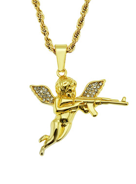复仇天使镶钻吊坠子项链男士天使拿枪配饰挂件首饰品霸气帅气靓子