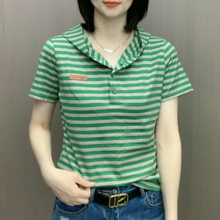 网红短袖T恤女爆款夏季薄款条纹连帽上衣洋气宽松显瘦减龄遮肚子t