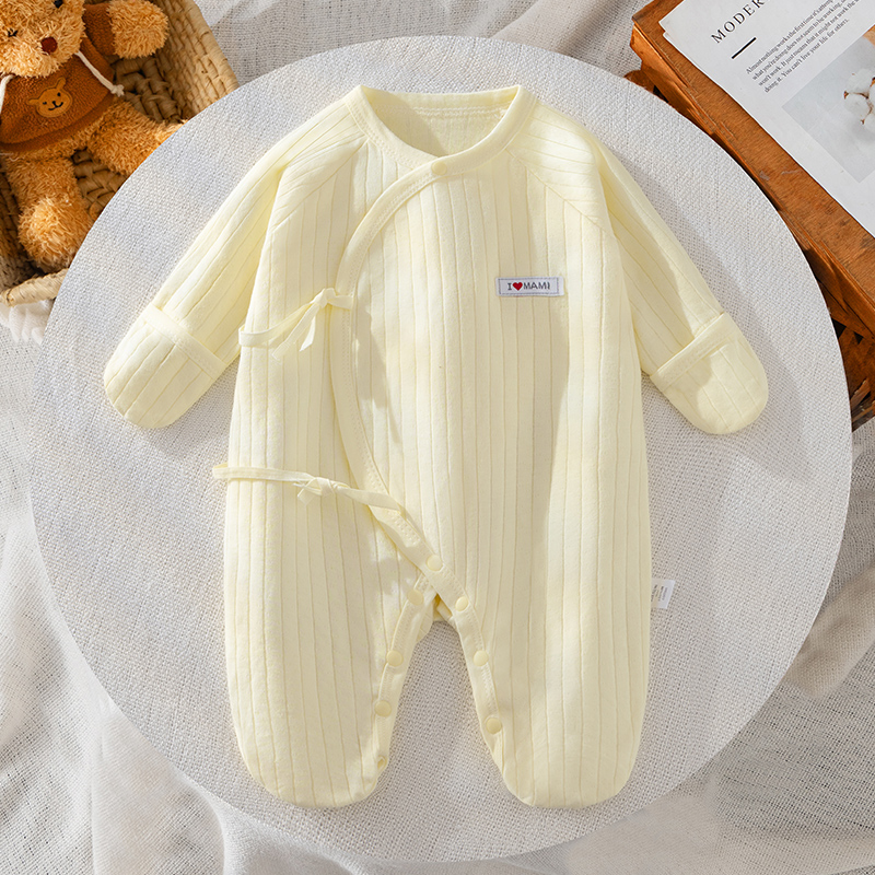 婴儿纯棉包脚连体衣春秋满月宝宝护肚系带衣服新生儿内衣包手连脚